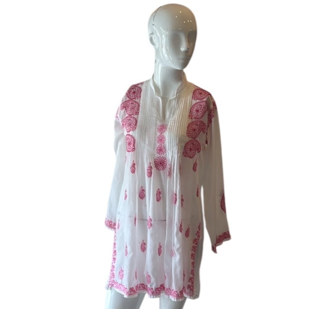 Indika White Sheer Cotton Tunic with Pink Paisley & Floral Embroidery Size Small
